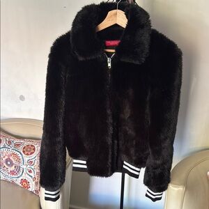 Black Teddy Jacket Plush Faux Fur Bomber